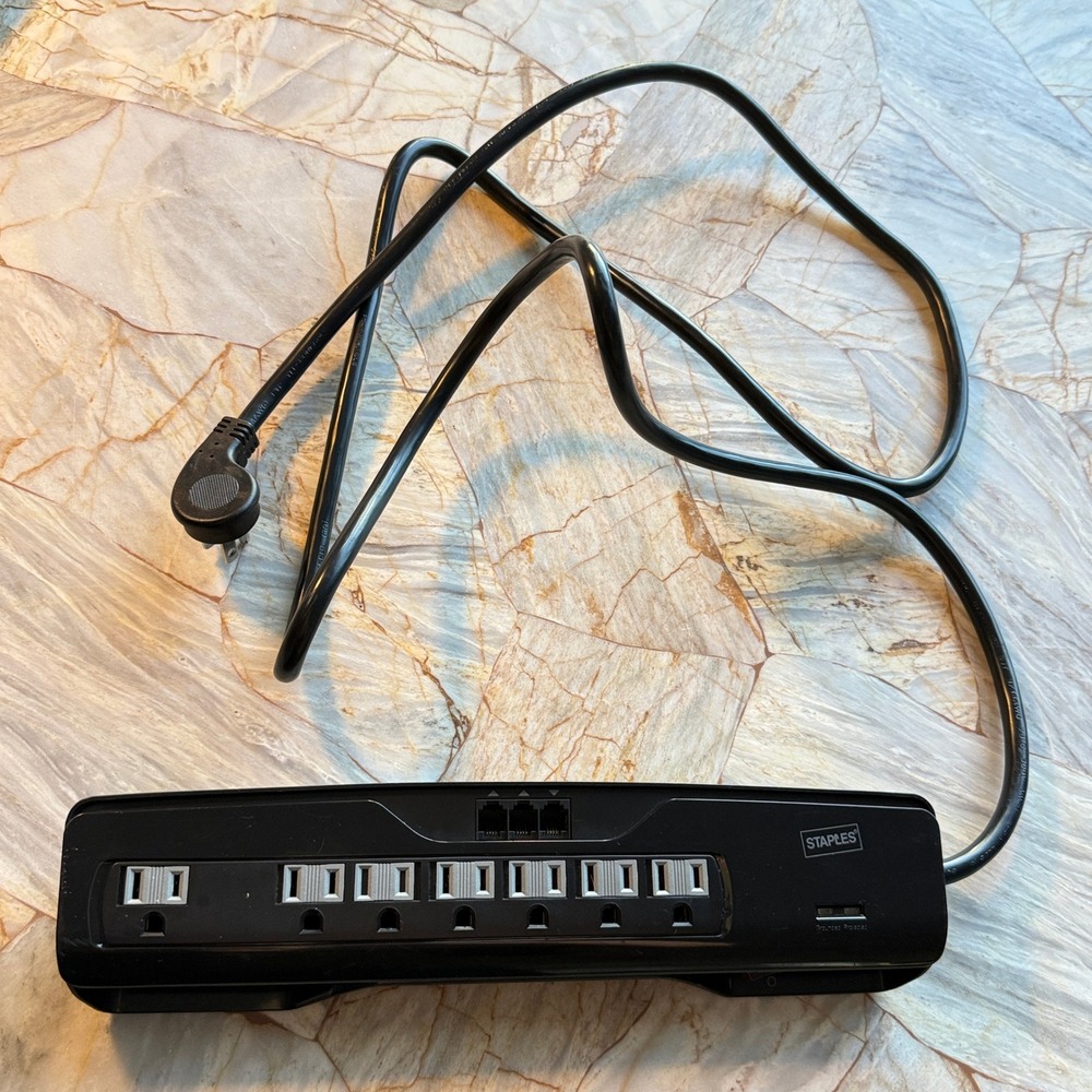 Staples Black Surge Protector Power Strip 10 Outlets 2 USB Ports Phone Line